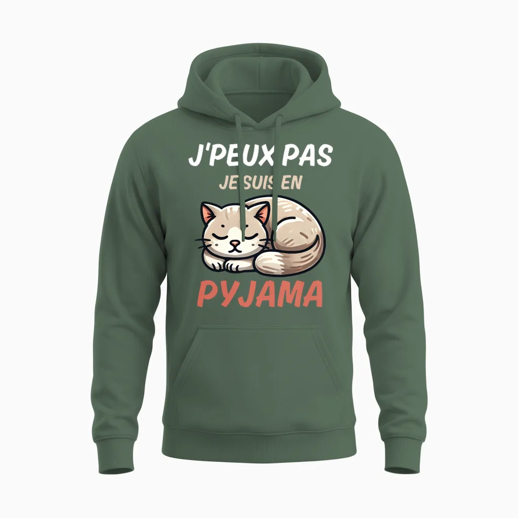 J'peux Pas Je Suis in Pyjamas Fun Gift with a Cat Long Sleeve, Black, S Unisex Hoodie in Military Green