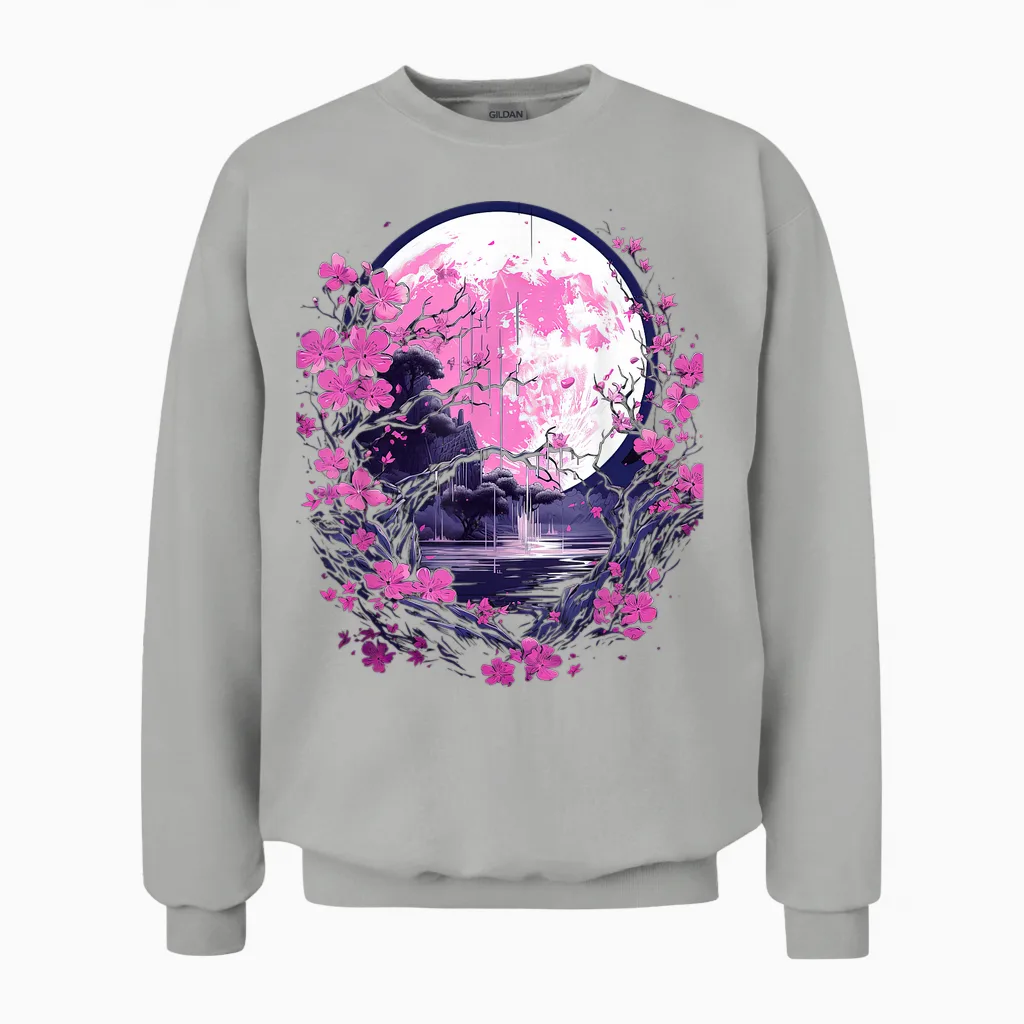 Japanese Cherry Blossom Cherry Blossom and Moon Japan T-Shirt, Black Unisex Sweatshirt in Ash