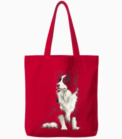 Border Collie Dog Pet Illustration Border Collie T-Shirt, Black Tote Bags - Red