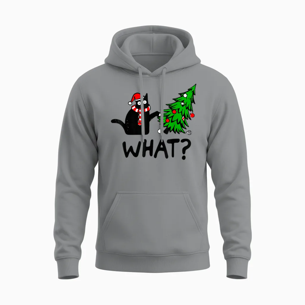 Funny Black Cat Gift Pushing Christmas Tree Over Cat What? T-Shirt Small Unisex Hoodie in Sport Grey