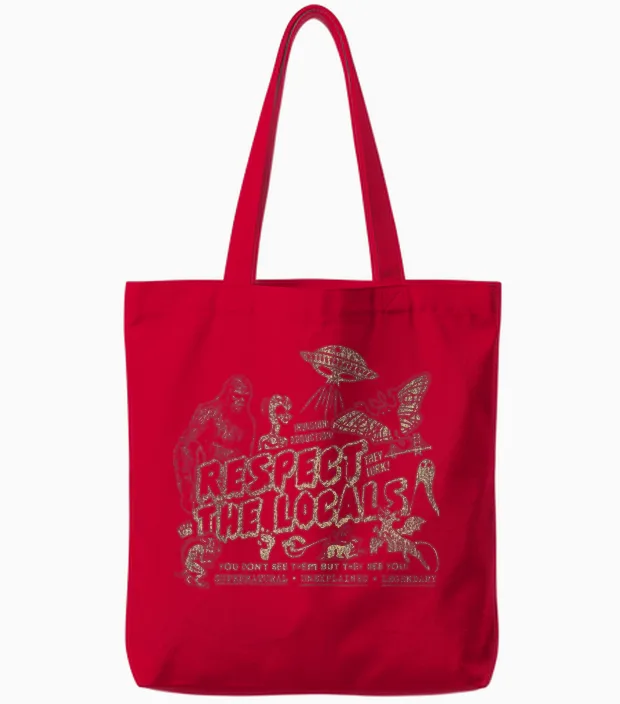 Respect the Locals Cryptids Folklure Funny Bigfoot Alien Tote Bags in Red