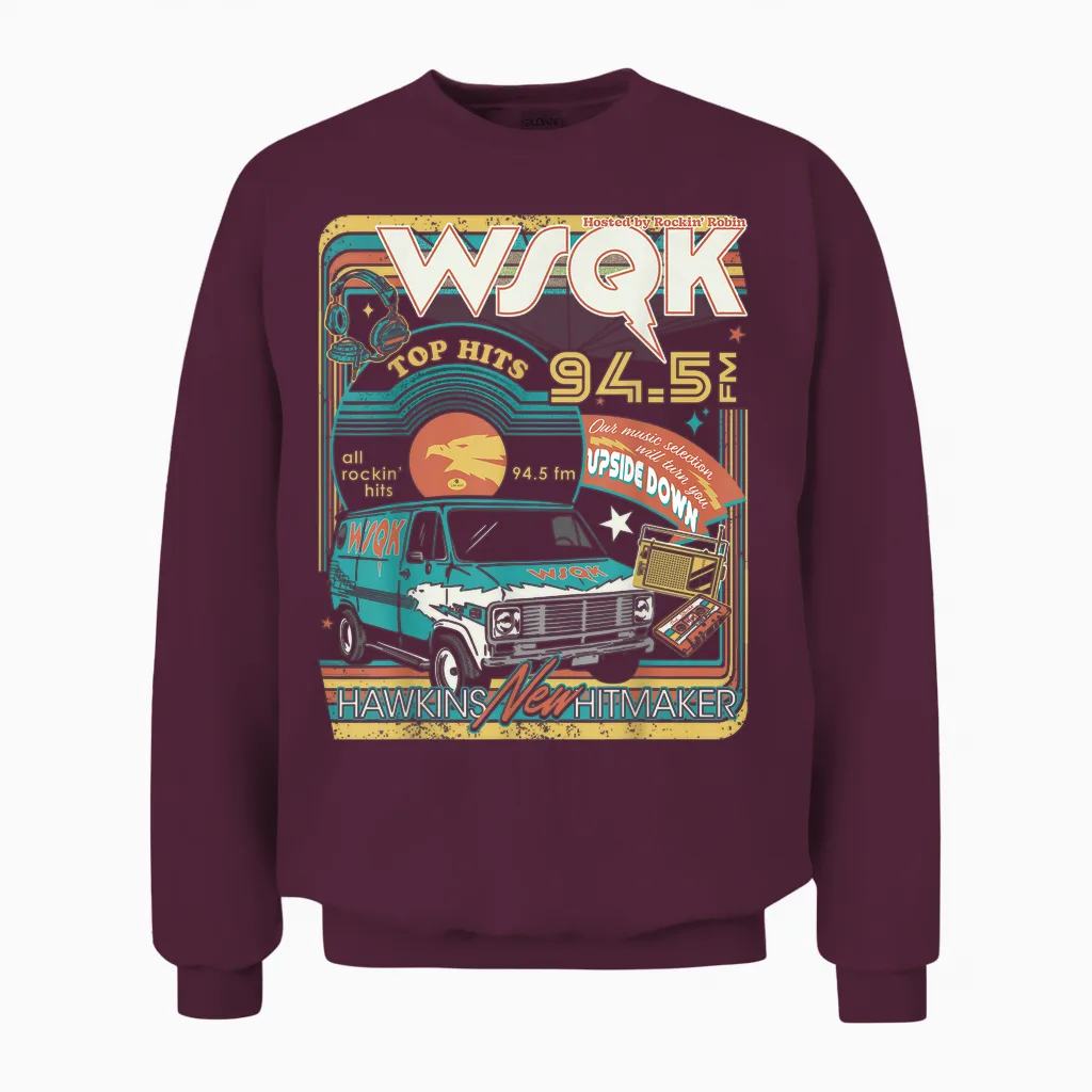Stranger Things Season 5 Wsqk Hawkins New Hitmaker Retro Unisex Sweatshirt in Maroon
