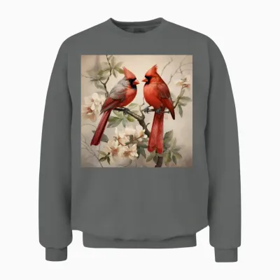 Northern Red Cardinal Birds with Flowers Unisex Sweatshirt - Graphite Heather