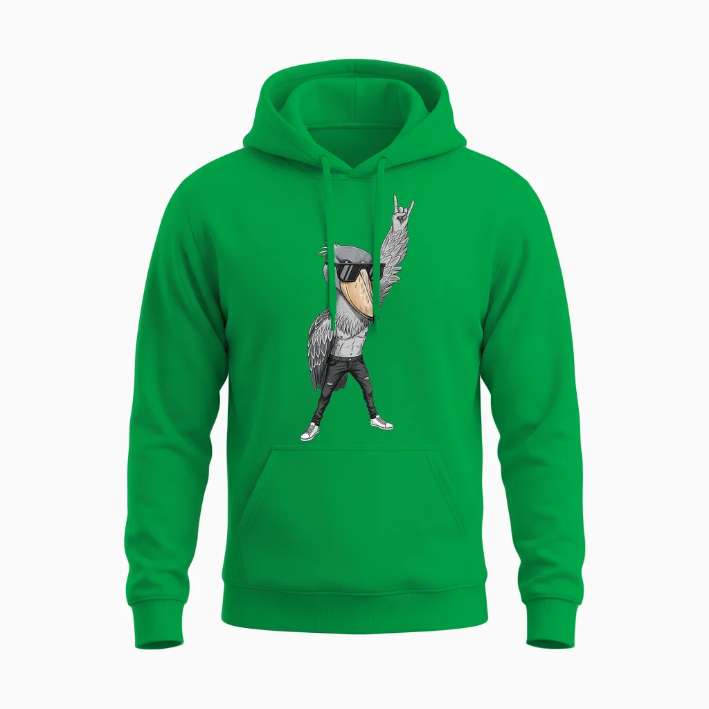Cool Rocker Shoebill Cigogne Oiseau En Cuir Biker Tenue Unisex Hoodie in Irish Green