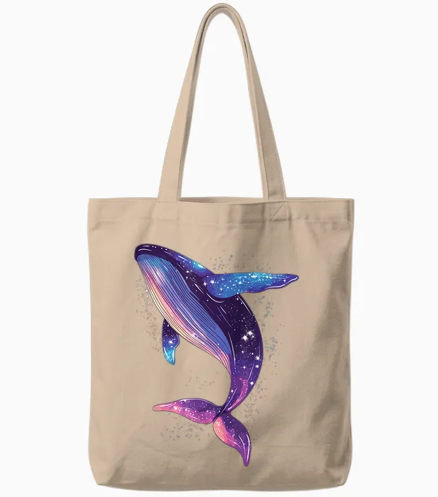 Colorful Whale in the Starry Sky T-Shirt, Black, S Tote Bags in Natural