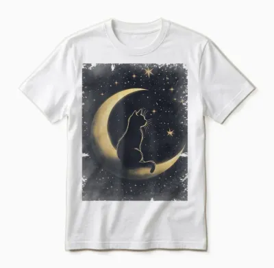 Coole Art Grafik Schwarze Katze Mit Mond Unisex T-Shirt - White