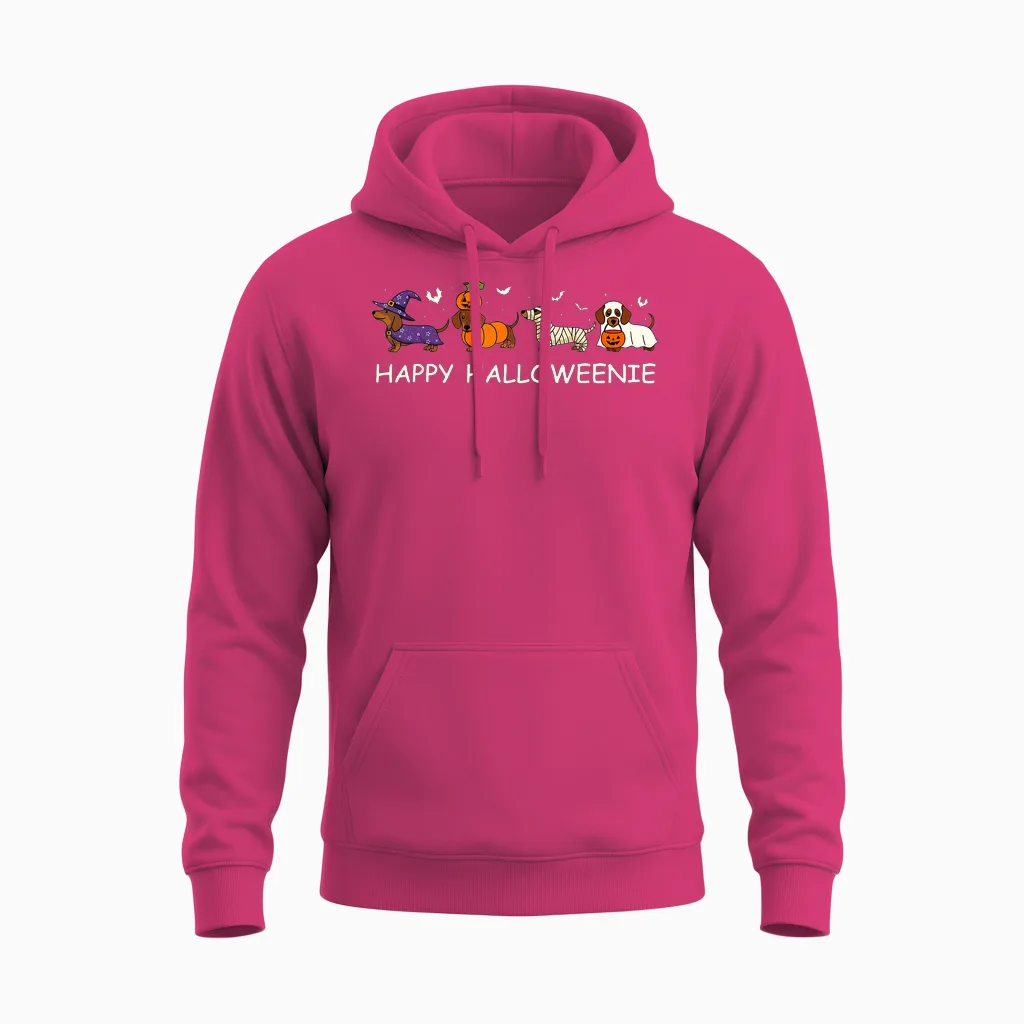 Weiner Dog Witch Happy Halloweenie Cute Halloween Dachshund Unisex Hoodie in Heliconia