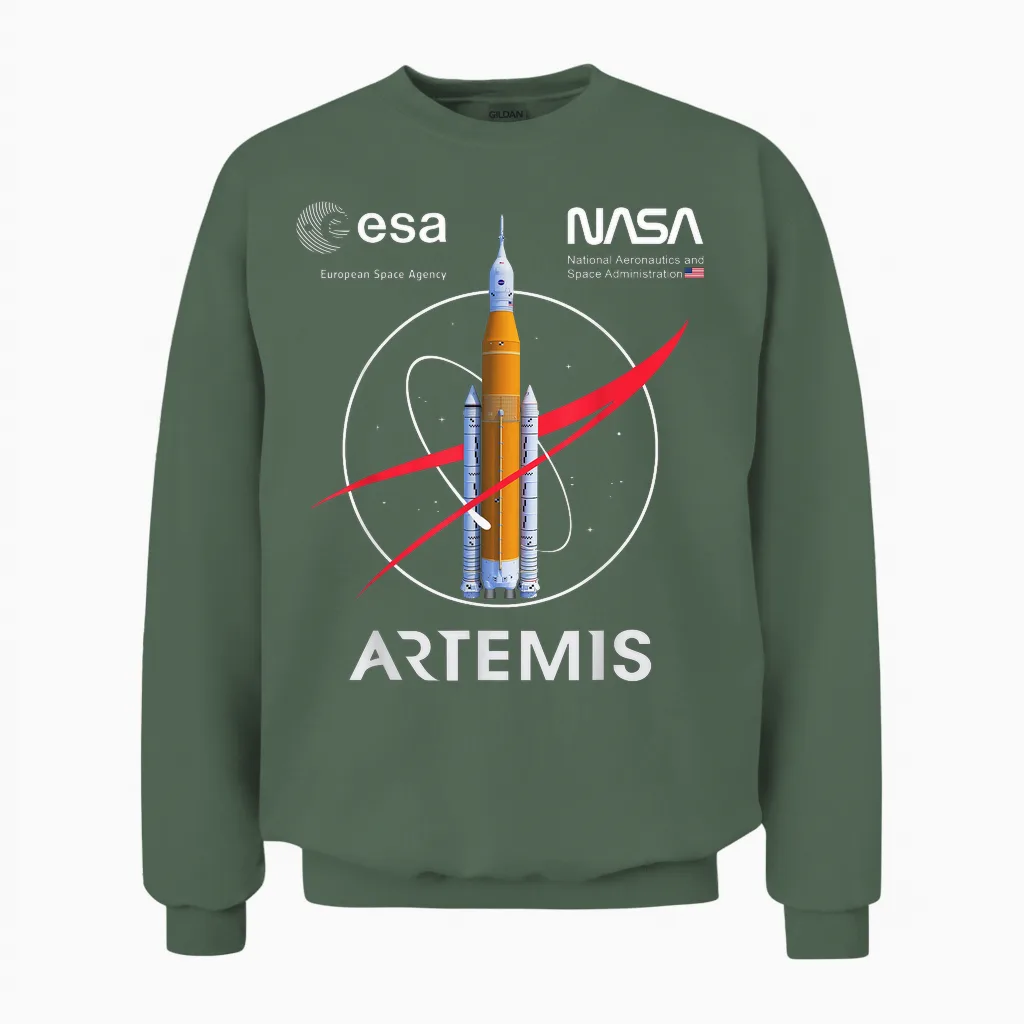 Nasa Artemis Mission Sls Worm and Esa Logo T-Shirt, Black, S Unisex Sweatshirt in Military Green