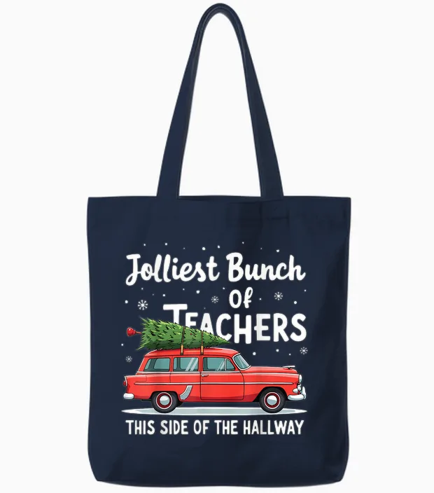 Jolliest Bunch of Teachers This Side of the Hallway Xmas Pj Tote Bags in Navy