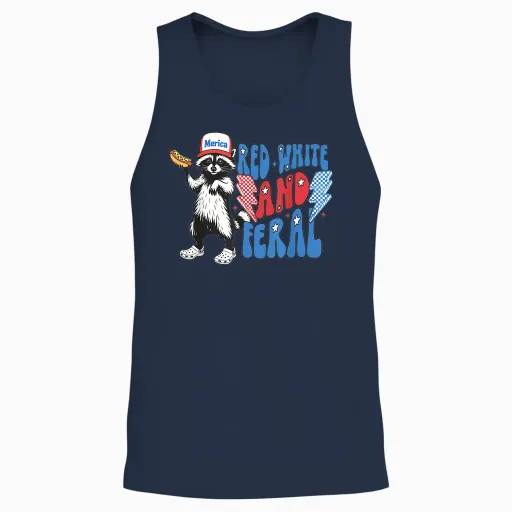 Red White and Feral Funny Raccoon 4th of July Patriotic Unisex Tank Top - Navy