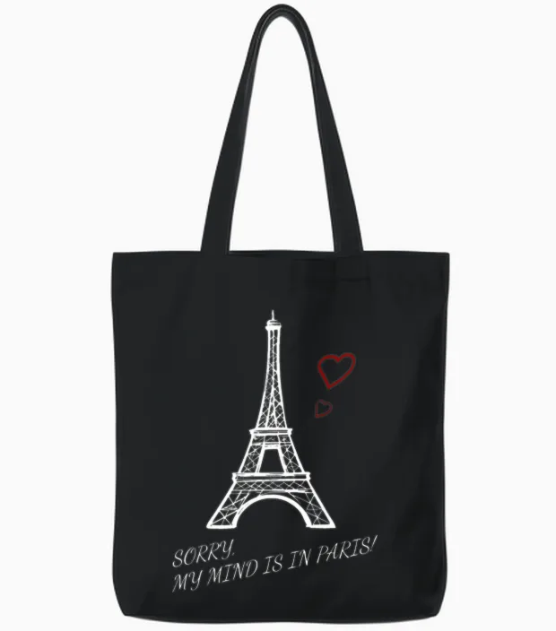 Paris Tshirt White Hearts Only Tote Bags in Black