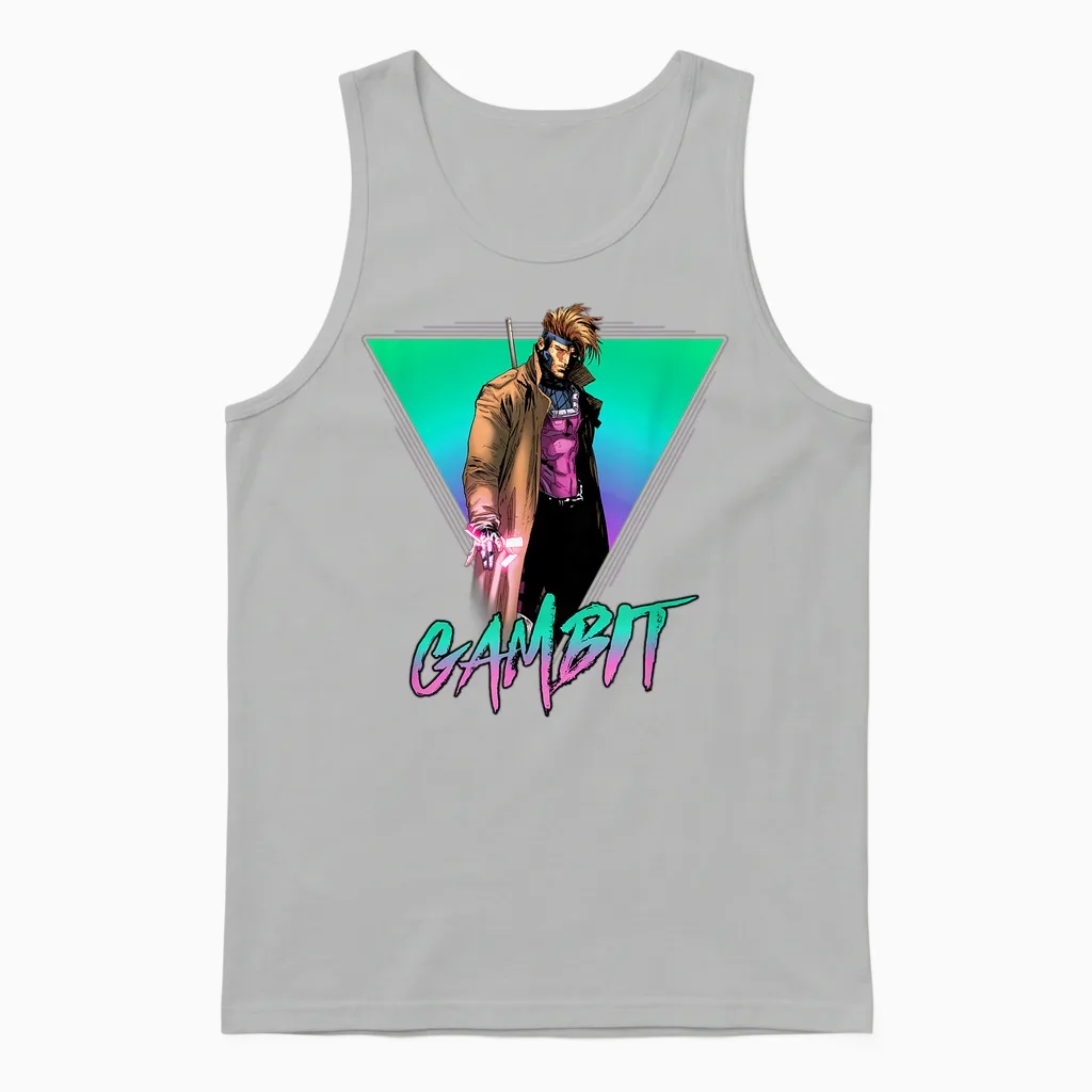Marvel X-Men Gambit Epic Neon 80's Style Retro Portrait Unisex Tank Top in Ash