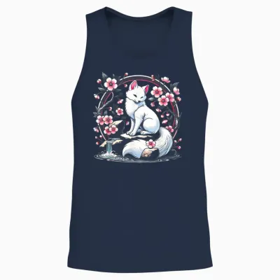 Japanese Kitsune Yokai White Fox Ghost Ukiyo-E Vintage Unisex Tank Top - Navy