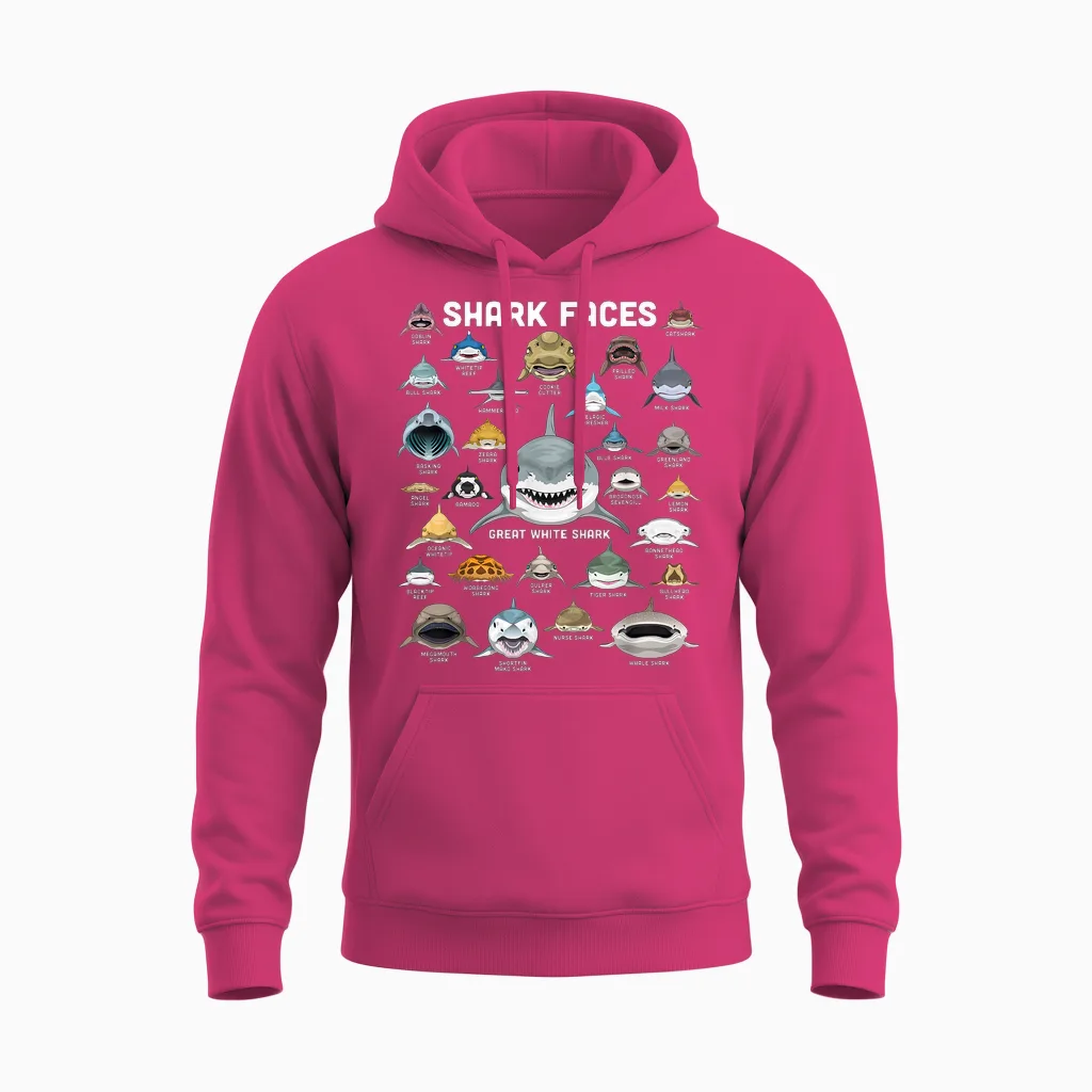 Shark Faces Shirt Types of Shark Funny Marine Biology Shark Unisex Hoodie in Heliconia