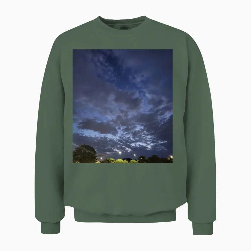 Moody Night Sky Over Suburban Lights Unisex Sweatshirt in Military Green