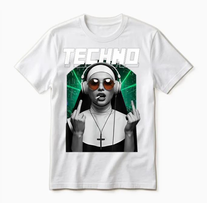 Techno Nun Techno Rave Party Hardstyle Unisex T-Shirt in White