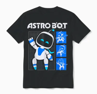 Astro Bot Pose Grid Collage with Logo Video Game Unisex T-Shirt - Black