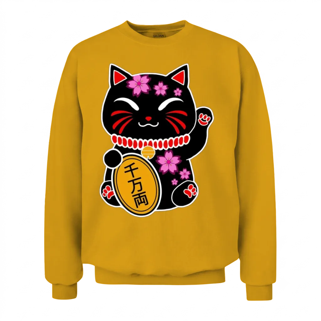 Lucky Cat. Japanese Cat. Statue of Japanese Cat Unisex Sweatshirt - Gold