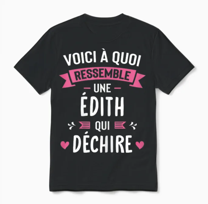 Woman Humour Personalized Gift First Name Edith Qui Déchire Unisex T-Shirt in Black