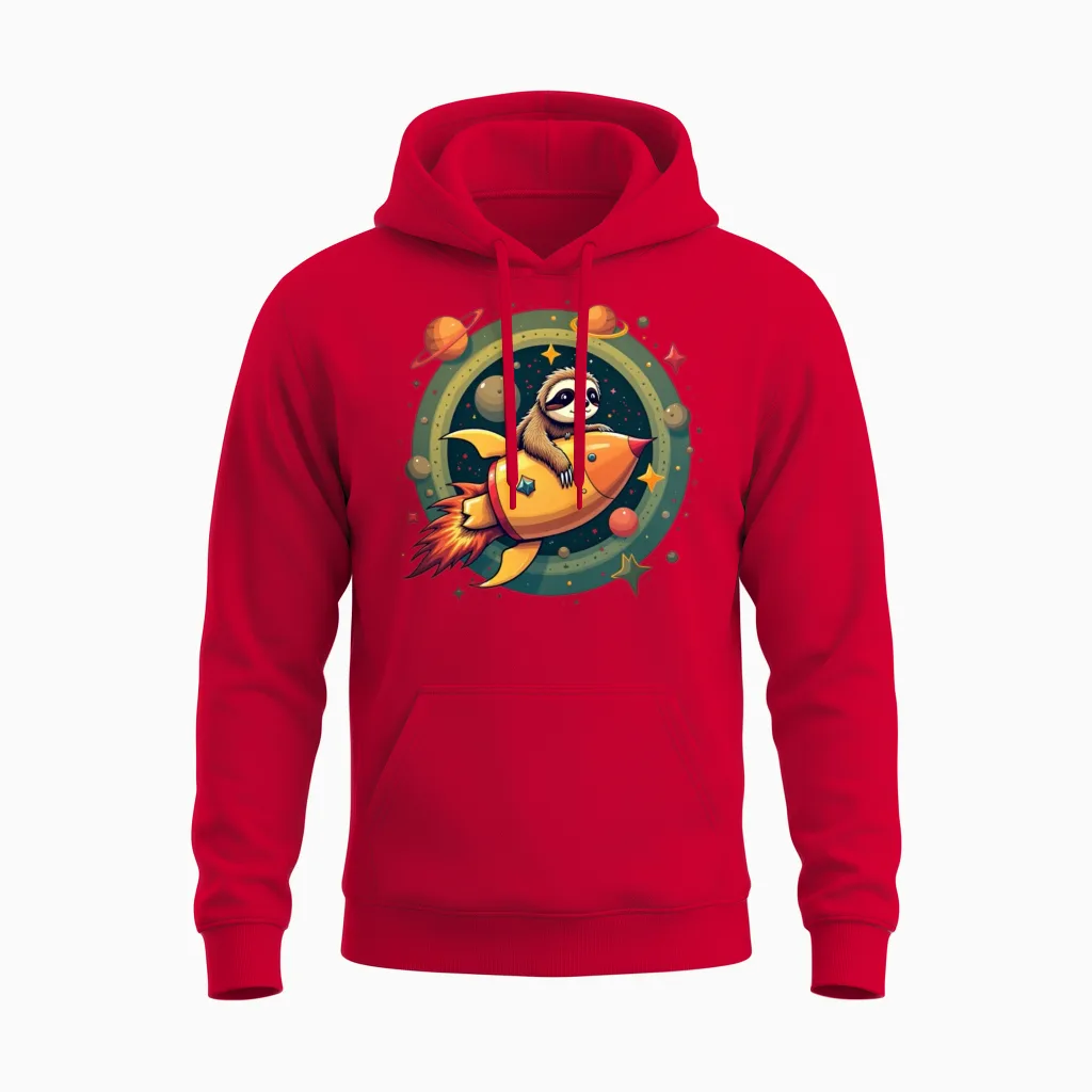 Adorable Sloth on Rocket Space Adventure Unisex Hoodie in Red
