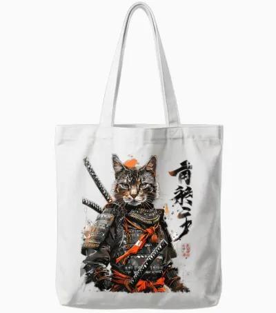 Japanese Samurai Ninja Cat Japanese Style Cat Tote Bags - White