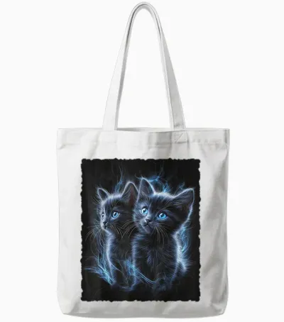 Cute Magic Cat Kitten Fantasy Art T-Shirt, Black Tote Bags - White