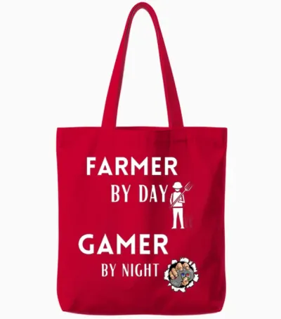Funny Farmer Farmer by Day Gamer by Night Funny Tote Bags - Red