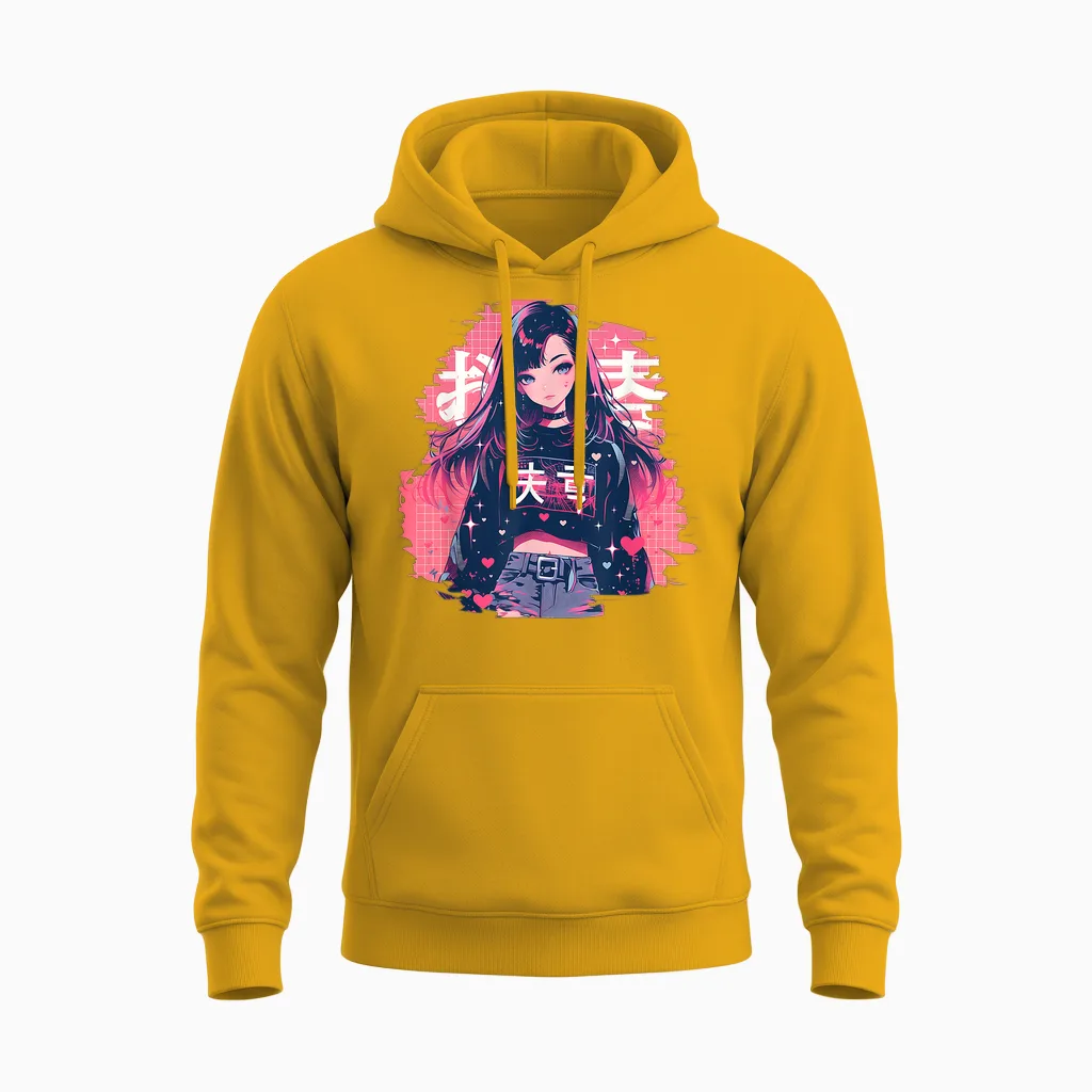 Anime Waifu Cute Manga Cat Girl Cute Retro Japanese T-Shirt, Black, S Unisex Hoodie in Gold