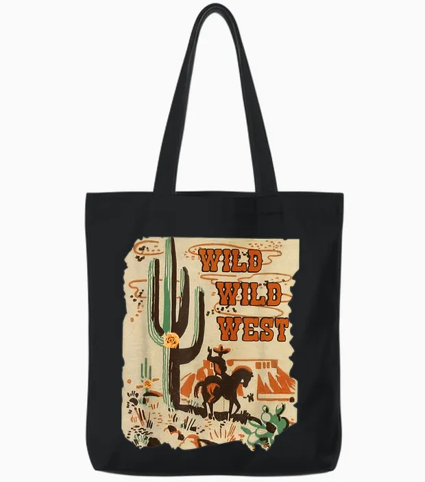 Wild Wild West Western Life Southwest Desert Vibes Cactus Tote Bags in Black