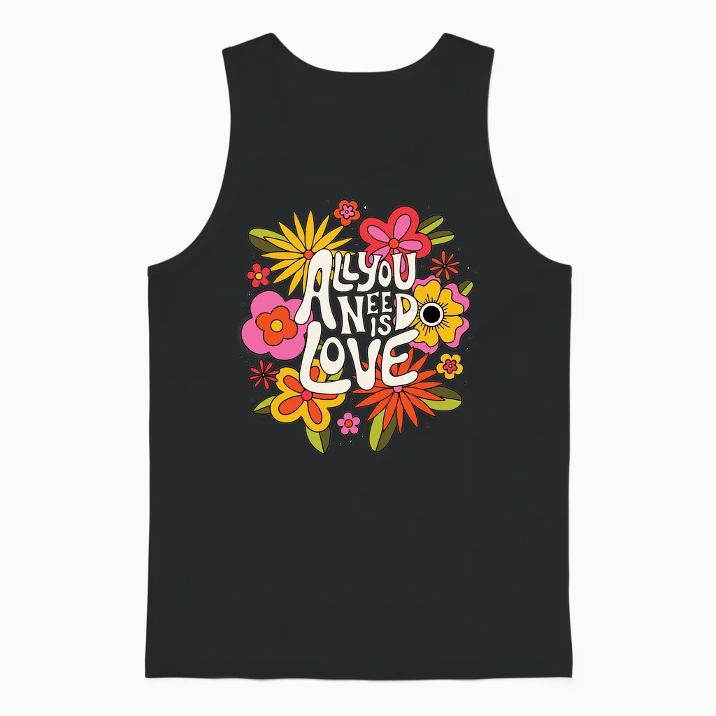 The Beatles - All You Need Is Love Retro Flowers Long Sleeve, Black Unisex Tank Top in Black