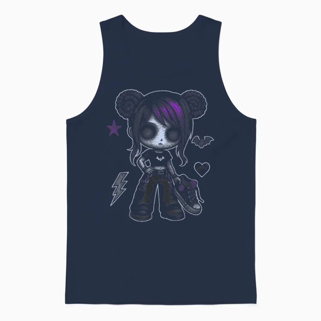 Emo Girl with Purple Highlights and Bat Goth Girl Unisex Tank Top in Navy