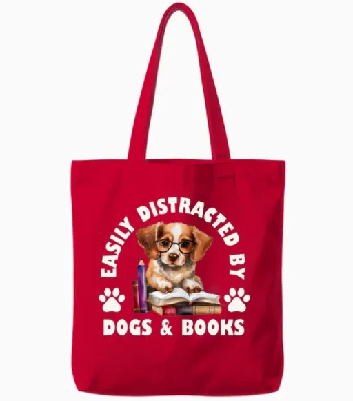 Easily Distracted by Dogs and Books Tote Bags in Red