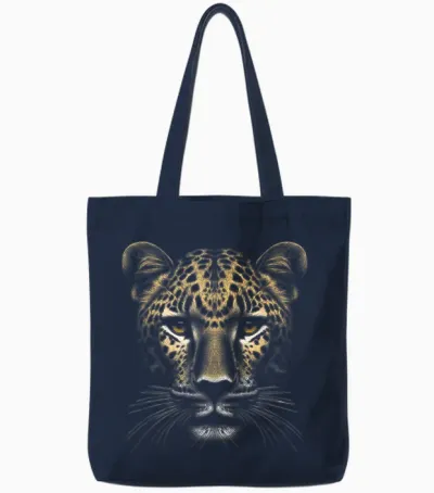 Leopard Head as Cool Portrait in Realistic Drawing Style T-Shirt, Black Tote Bags - Navy
