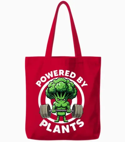 Powered by Plants Vegan Athlete Vegan Gym Vegan Bodybuilding T-Shirt, Black, S Tote Bags - Red