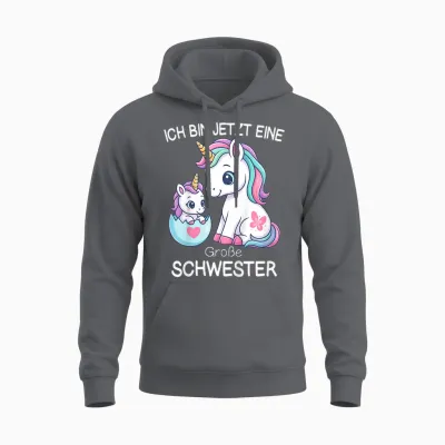 Girls' Unicorn T-Shirt with German Text "ich Bin Jetzt Eine Große Schwester [ Unisex Hoodie - Charcoal