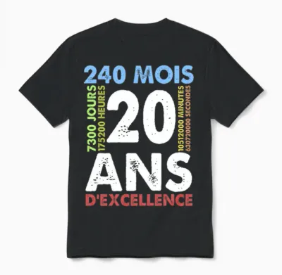 20ans D'excellence Cadeau Humour Anniversaire 20ans Original T-Shirt Haut De Gamme Unisex T-Shirt - Black