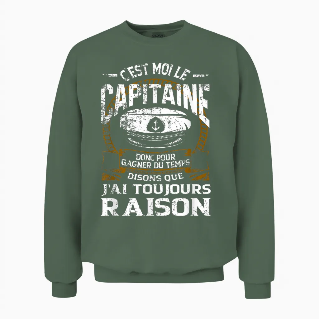 Captain Men's Boat Motor Gift T-Shirt, Black Unisex Sweatshirt in Military Green