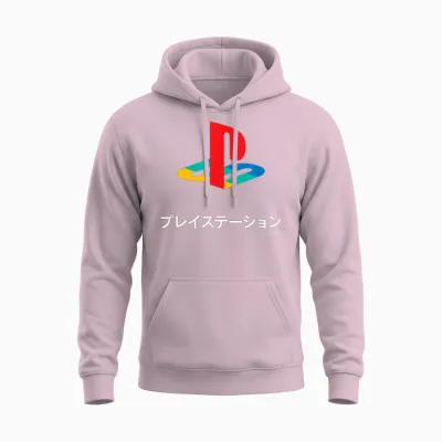 Playstation Full Color Logo with Kanji Modern Video Game Unisex Hoodie - Light Pink