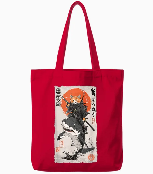 Epic Ninja Cat Riding Shark Funny Japanese Ukiyo-E Art Tote Bags in Red