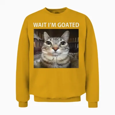 Wait I'm Goated Silly Cat Meme T-Shirt, Black Unisex Sweatshirt - Gold