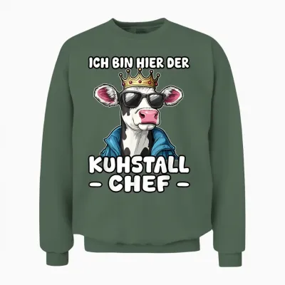 T-Shirt with German Text "kuhstall Chef | Leadership Farmers Dairy Farmers, Black, S Unisex Sweatshirt - Military Green
