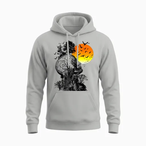 Vintage Funny Hangover Human Tree Retro Artistic Sunset Unisex Hoodie in Ash