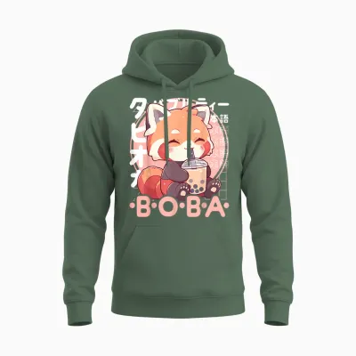 Red Panda Boba Tee Kawaii Bubble Tea Red Panda Anime Neko T-Shirt, Black Unisex Hoodie - Military Green
