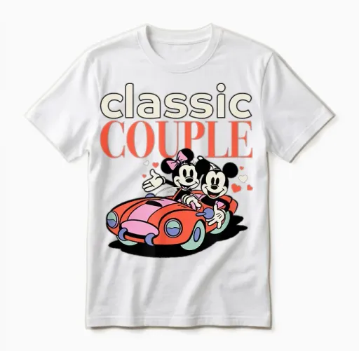 Amazon Essentials Mickey and Minnie Valentine's Day Classic Couple Unisex T-Shirt in White