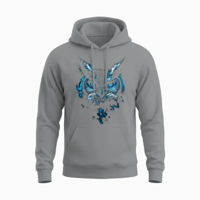 Owl Bird Pattern Animal Art Blue Eyes Owl T-Shirt, Black, S Unisex Hoodie - Sport Grey