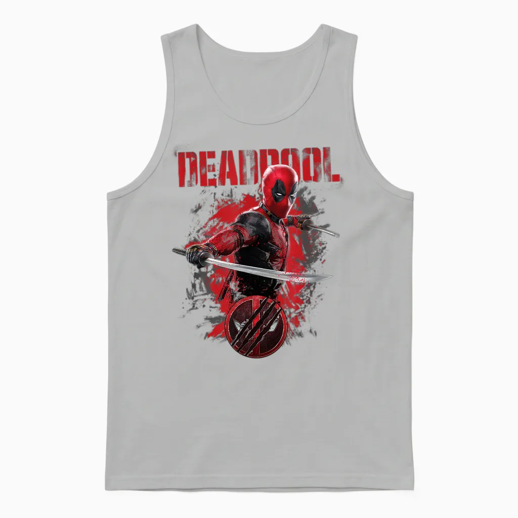 Marvel Deadpool & Wolverine Distressed Red Stamp Hero Logo T-Shirt, Black, S Unisex Tank Top in Ash