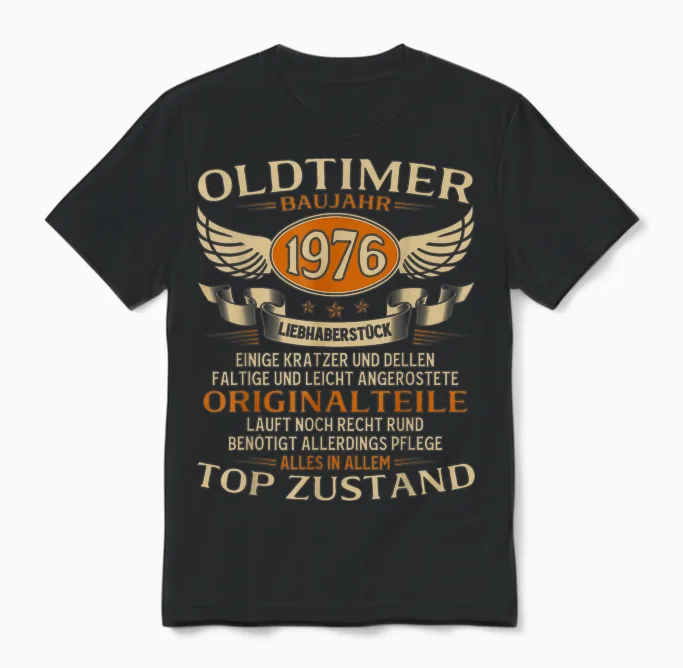 50th Birthday Man Gift Oldtimer 1976 50 Years Decorative Unisex T-Shirt in Black