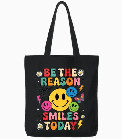 Sei Der Grund, Warum Heute Jemand Smiles, Colourful Cheerful Retro Face Tote Bags - Black