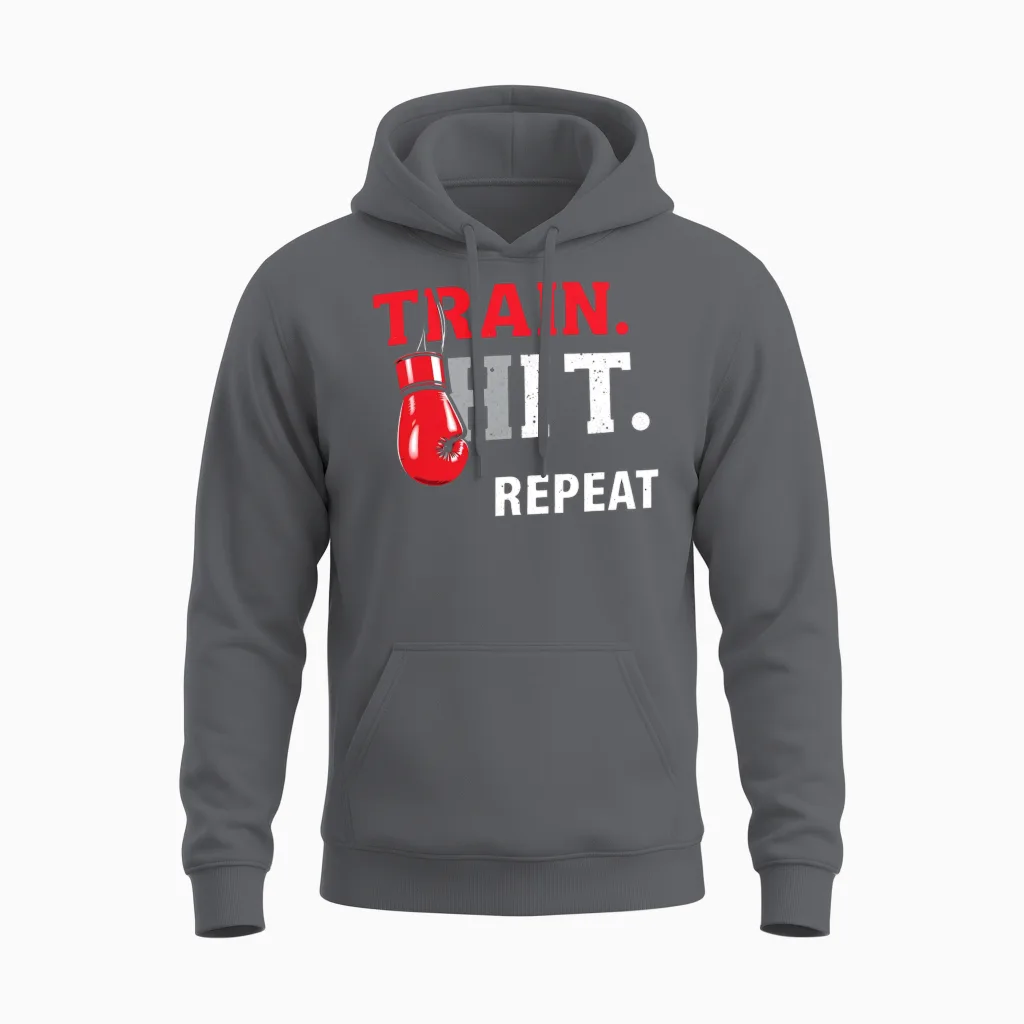 Train Hit Repeat Boxing Motif Unisex Hoodie in Charcoal