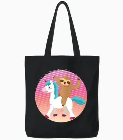 90s Retro Sloth Unicorn Tote Bags - Black